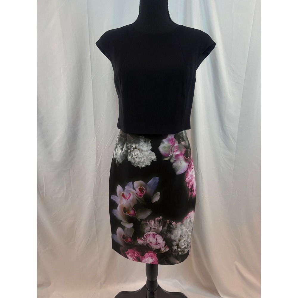 Ted Baker Black Floral Sheath Dress with Pink & White Blooms